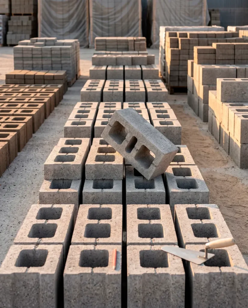 Blocks de concreto huecos ordenados en filas para mampostería estructural y construcción de muros.