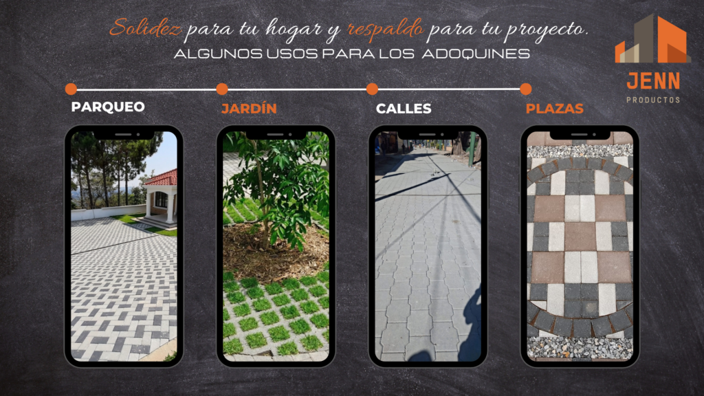Ejemplos de pavimentos articulados con adoquines de concreto en parqueos, jardines, calles y plazas de Guatemala.