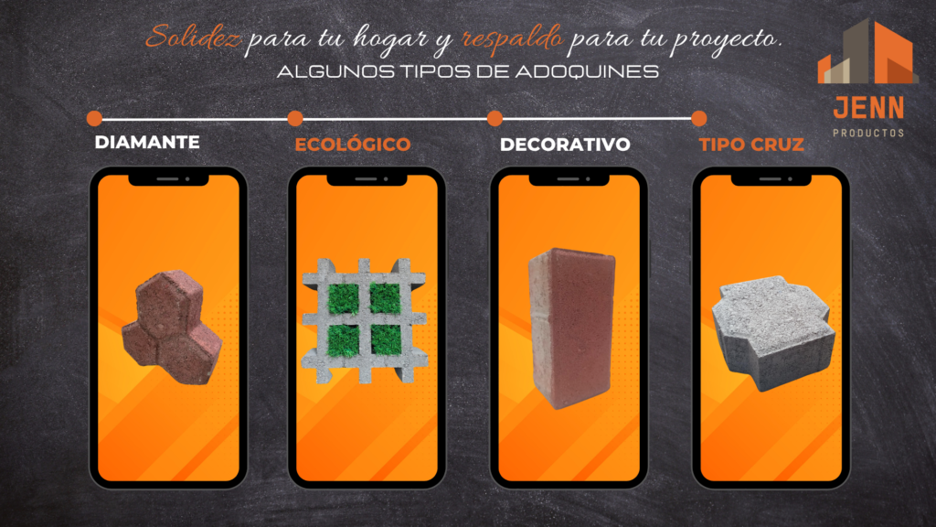 Diferentes tipos de adoquines de concreto para proyectos: formato diamante, ecológico, decorativo y tipo cruz.