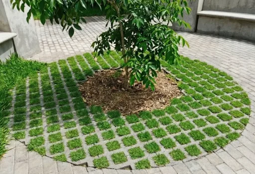 Instalación de gramaquín circular y adoquines de concreto para proyectos de construcción sustentable.